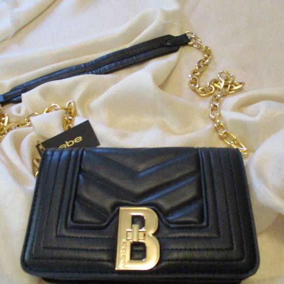 bebe Bags Bebe Faux Leather Black Crossbody Bag Gold Chain Strap